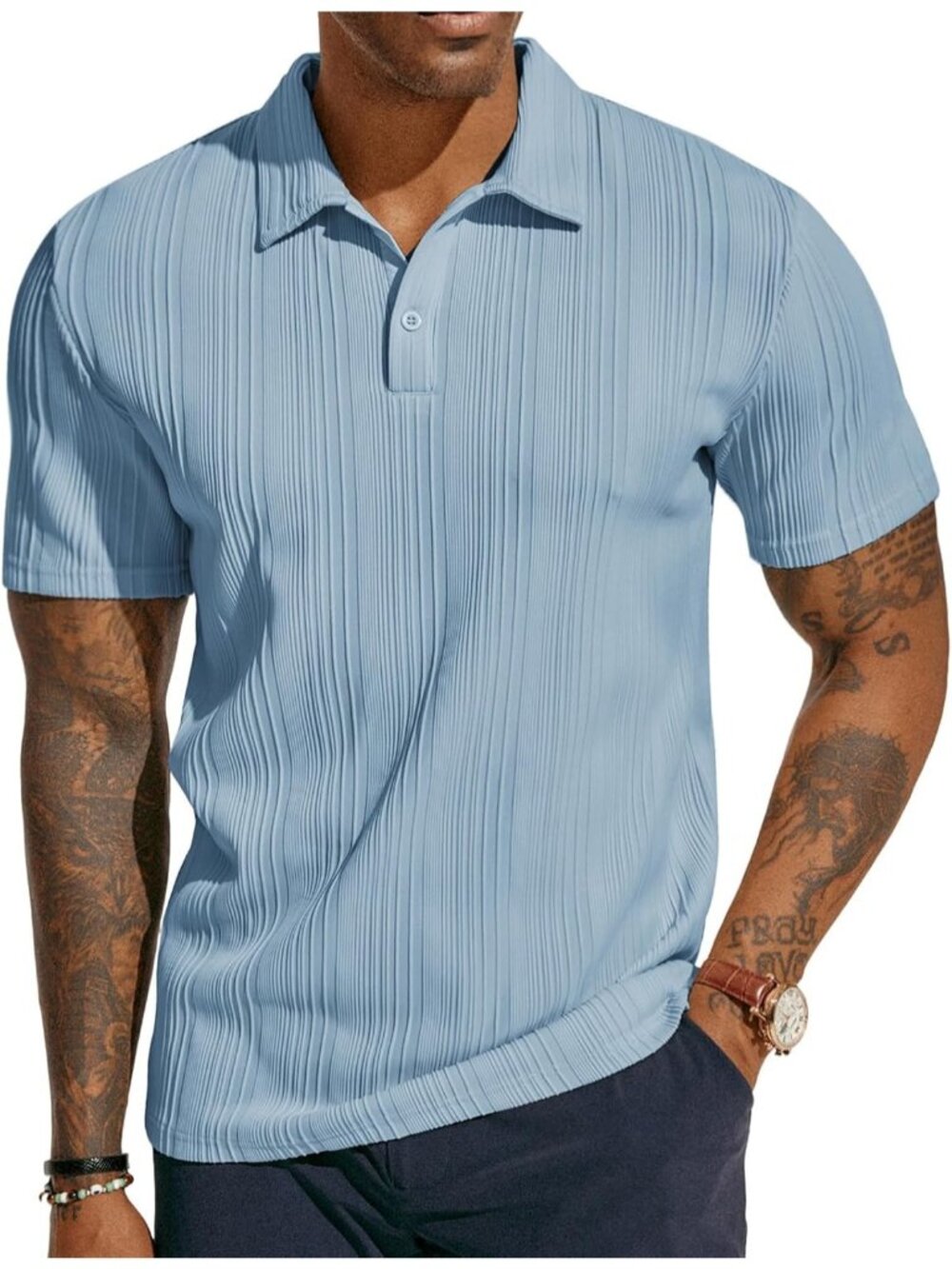 Men's Blue Imported Textured Knit Regular Fit Stretchy Pull On Polo Shirts